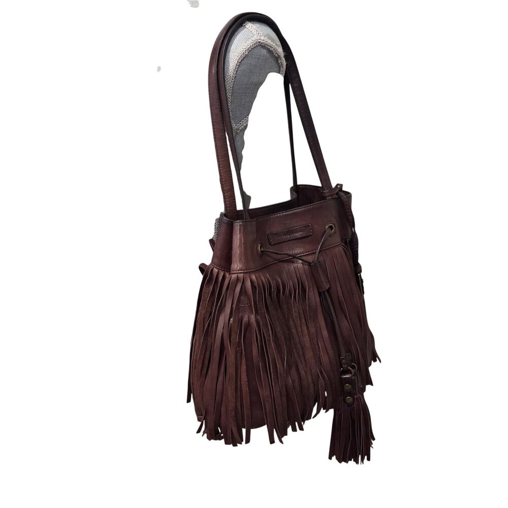 Frye Fringe Leather Hobo Bucket Bag | Boho Western Brown Tassel Purse - Picture 11 of 16